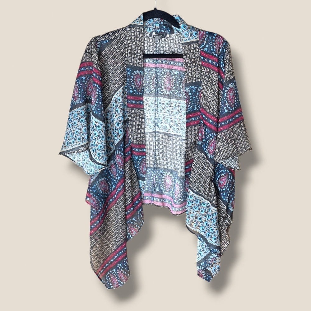 Passport Blue & Pink Patchwork Open-Front Kimono Cardigan